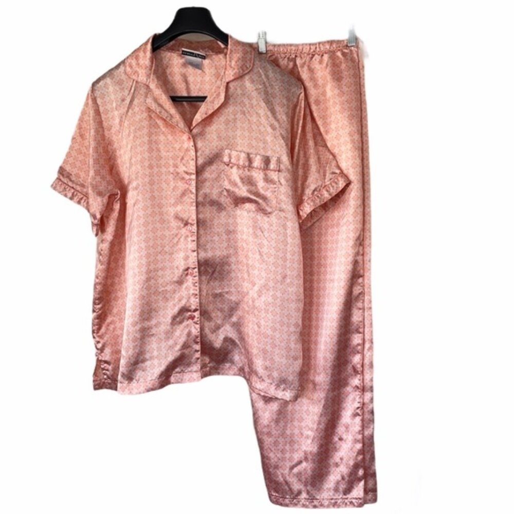 Vintage Vanity Fair Satin Pajamas Women's Size L Pink Floral Print